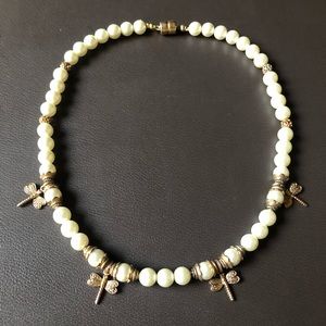 Glass Pearl Sweetheart Necklace with Dragonflies